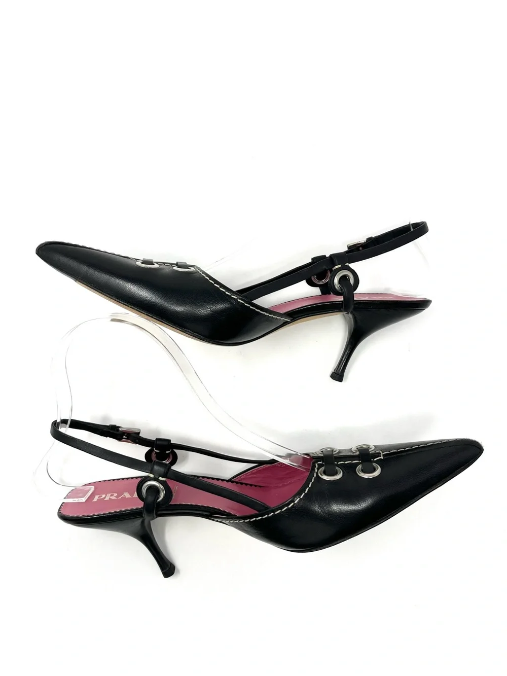 Vintage Prada 90s Black Leather Pointed Toe Grommet Slingback Kitten Heels 37.5 - Picture 6 of 10
